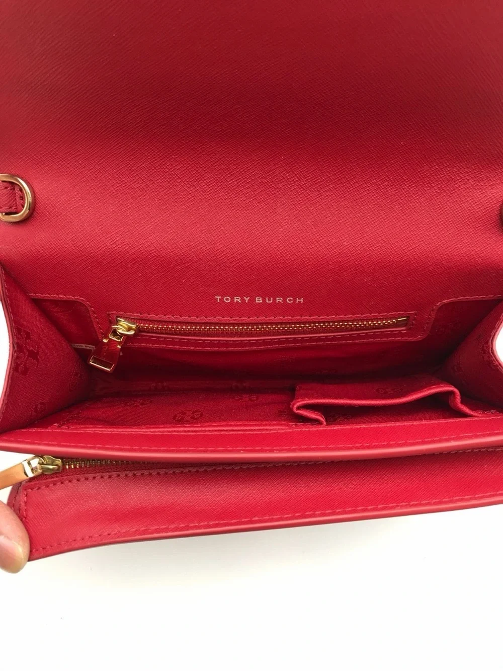 Tory Burch Red Saffiano Leather Crossbody Wallet On Chain Clutch Purse Gold Logo